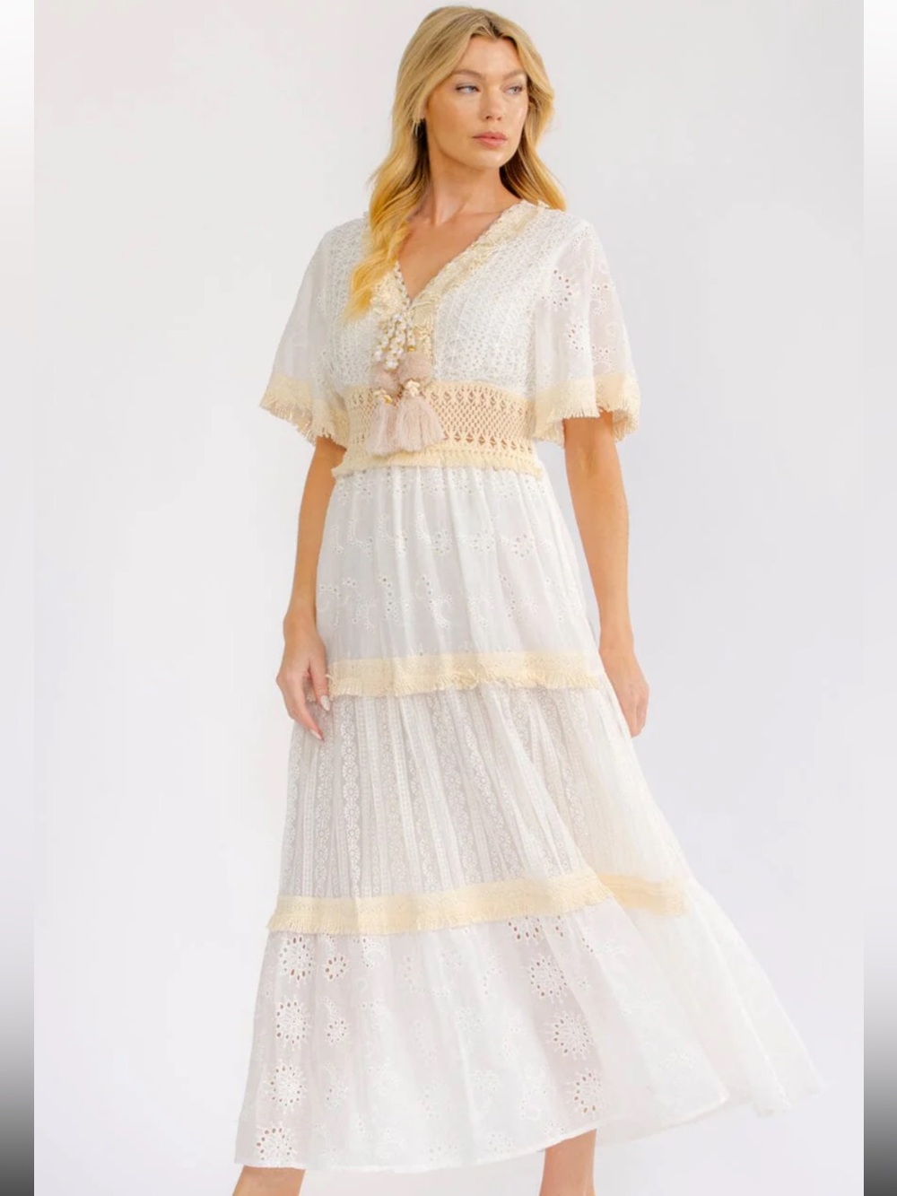 SD2- Boho White Eyelet Maxi Dress with Cream Trim and Tassel Detail